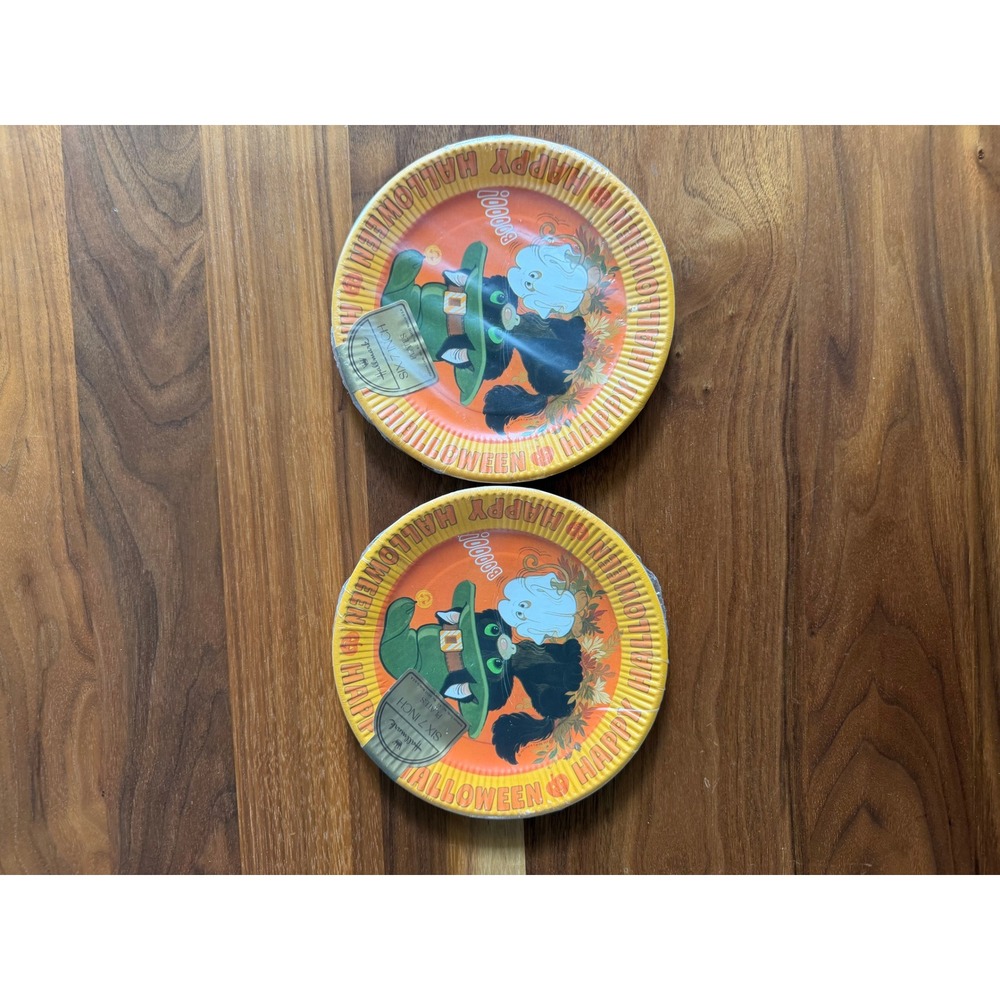 VTG Hallmark Halloween Paper Plates 7 Inch Orange Black Cat Ghost Party Supplies